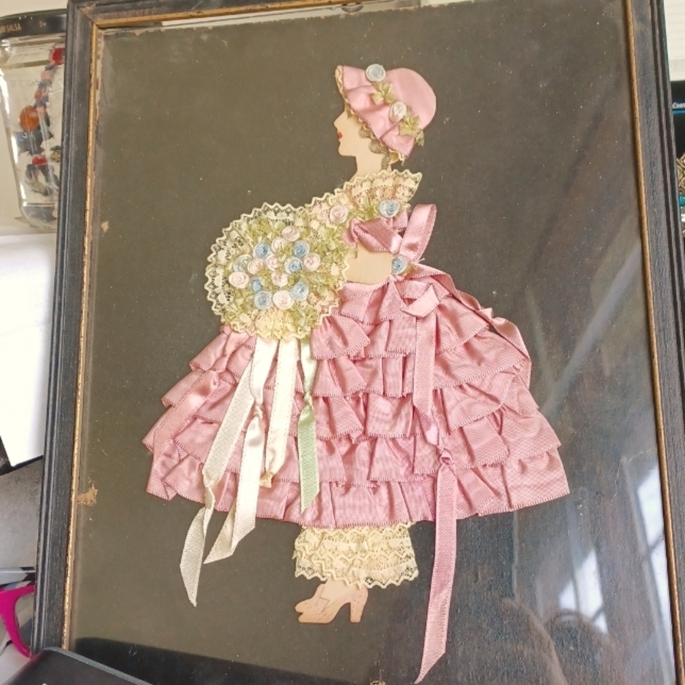 Antique Ribbon Lace Art Paper Doll, Rare, Frame